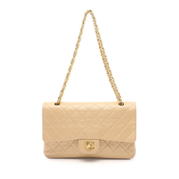 Authentic Vintage CHANEL Beige Lambskin 24KT GHW Medium Double Flap Bag